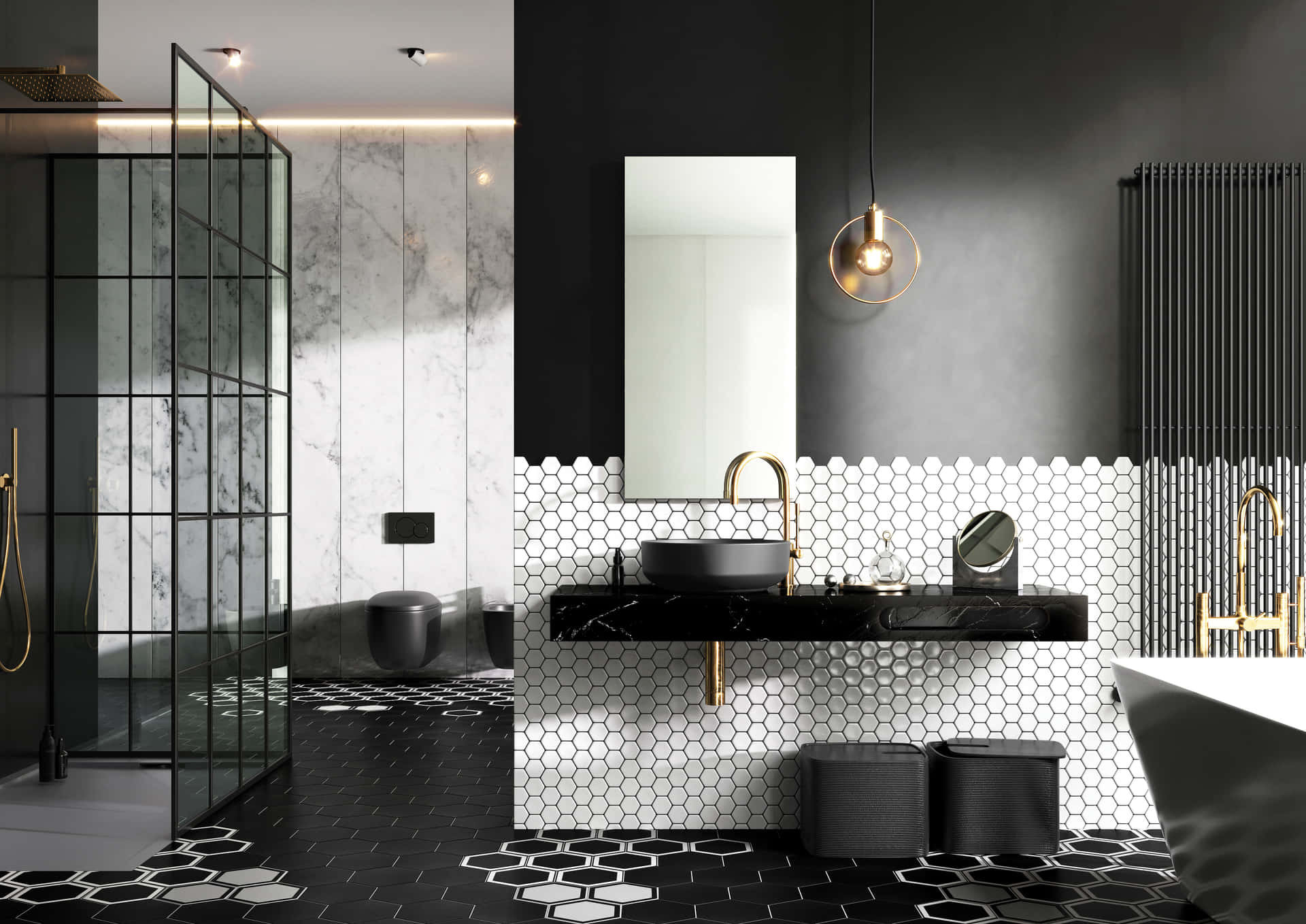 A Black And White Bathroom With A Marble Floor