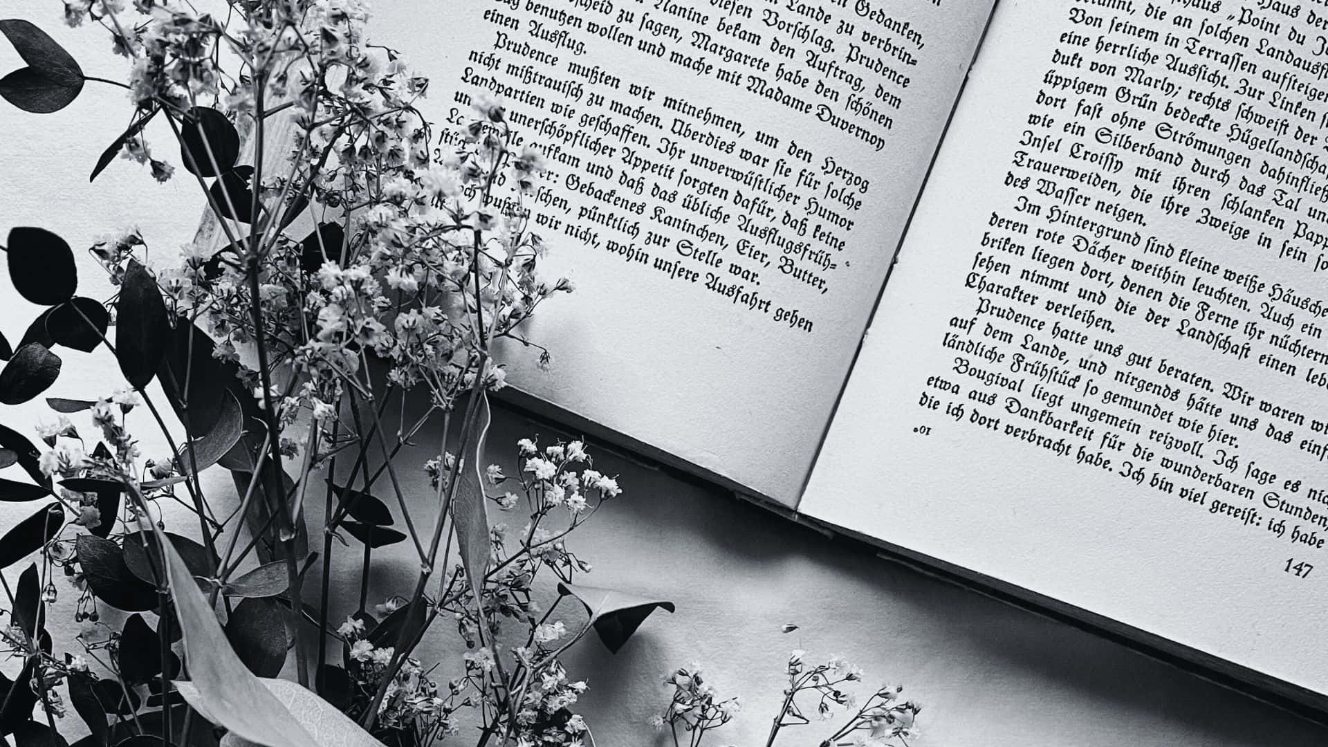 A single open book in black and white on a wooden table Wallpaper
