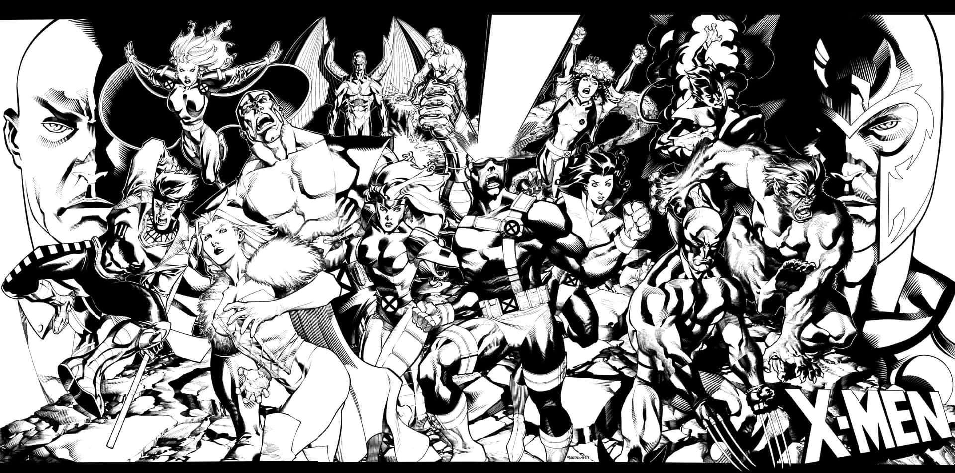 A Black And White Drawing Of A Group Of Comic Characters Wallpaper