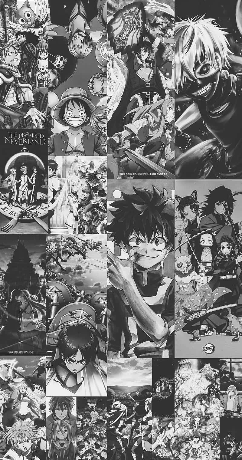 En collage af anime-karakterer i sort og hvid Wallpaper