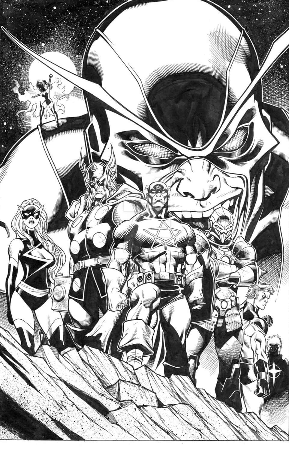 Black and White Comic Art featuring Superheroes Wallpaper