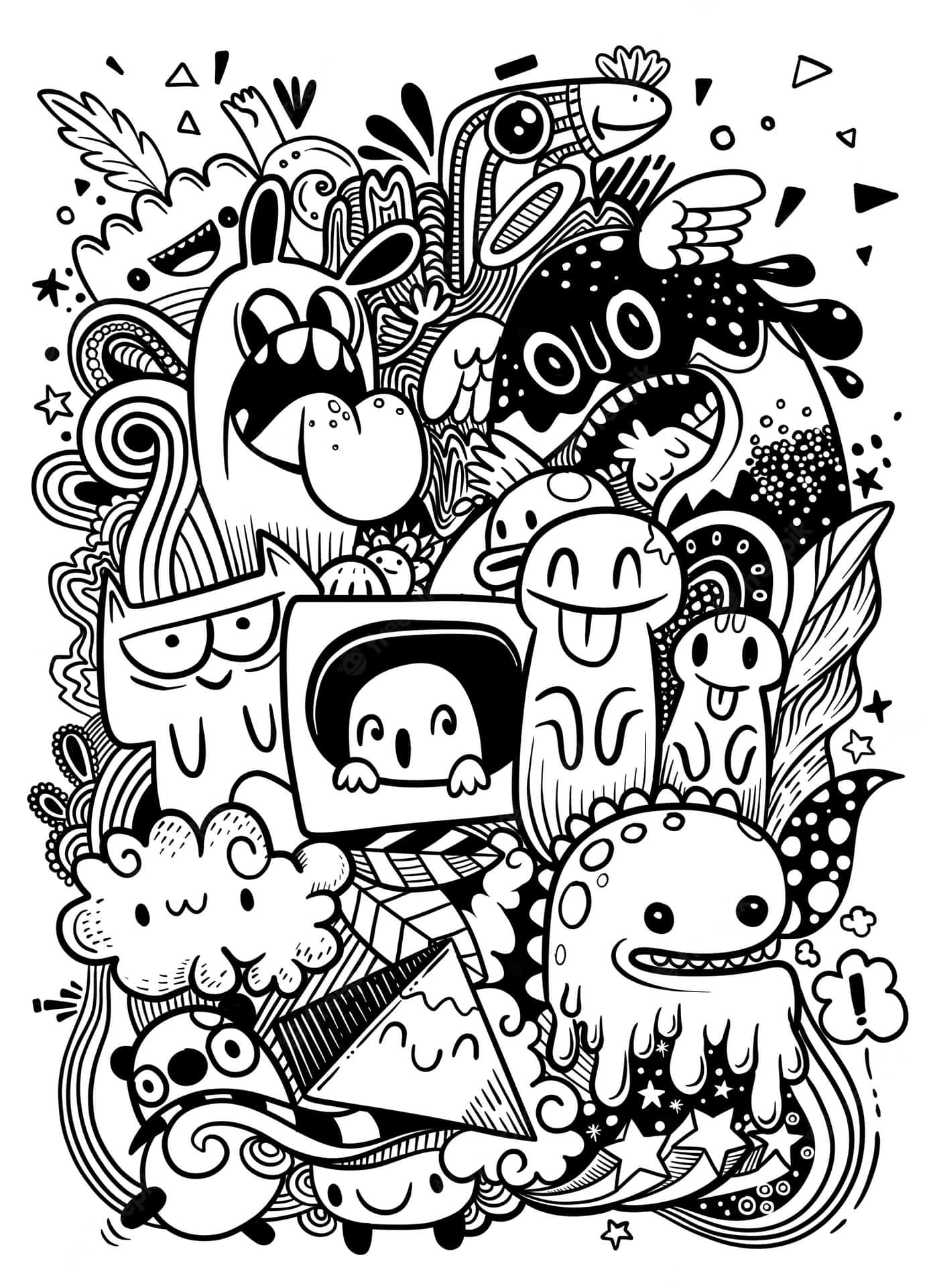 Intricate black and white drawing depicting multiple objects and patterns Wallpaper