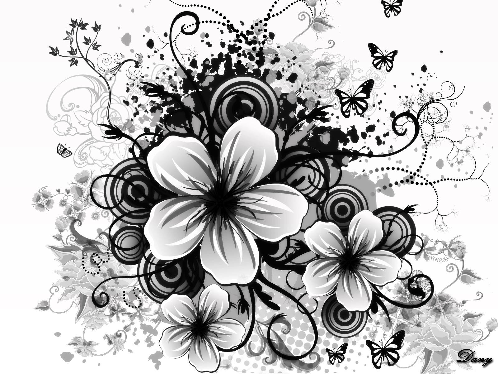 Black And White Flower Many Butterflies Flying Wallpaper