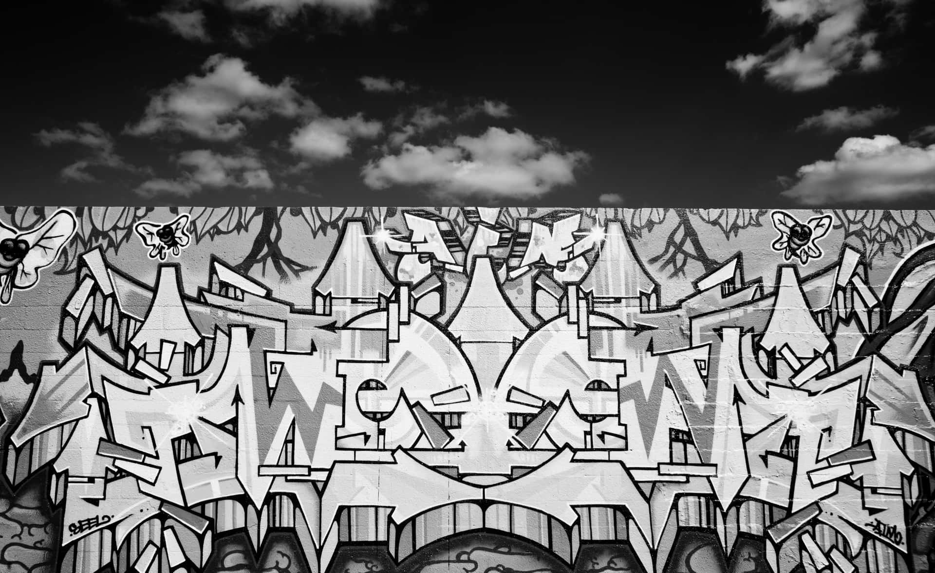 Striking Black and White Graffiti Art on Urban Walls Wallpaper