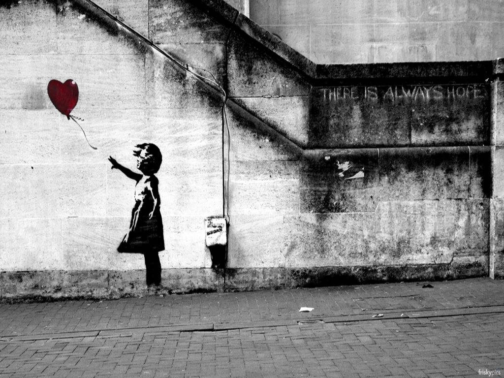 Svartoch Vit Graffiti Tjej Med Ballong Banksy. Wallpaper