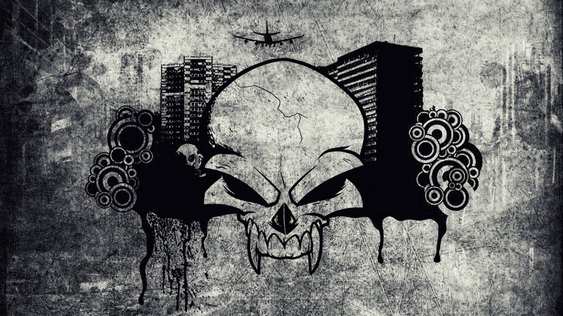 Black And White Graffiti Skull With Fangs Wallpaper