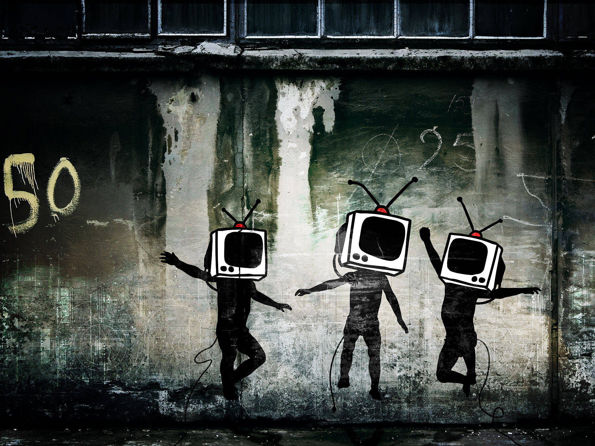 Sort Og Hvid Graffiti TV Hoveder Af Banksy Tapet Wallpaper