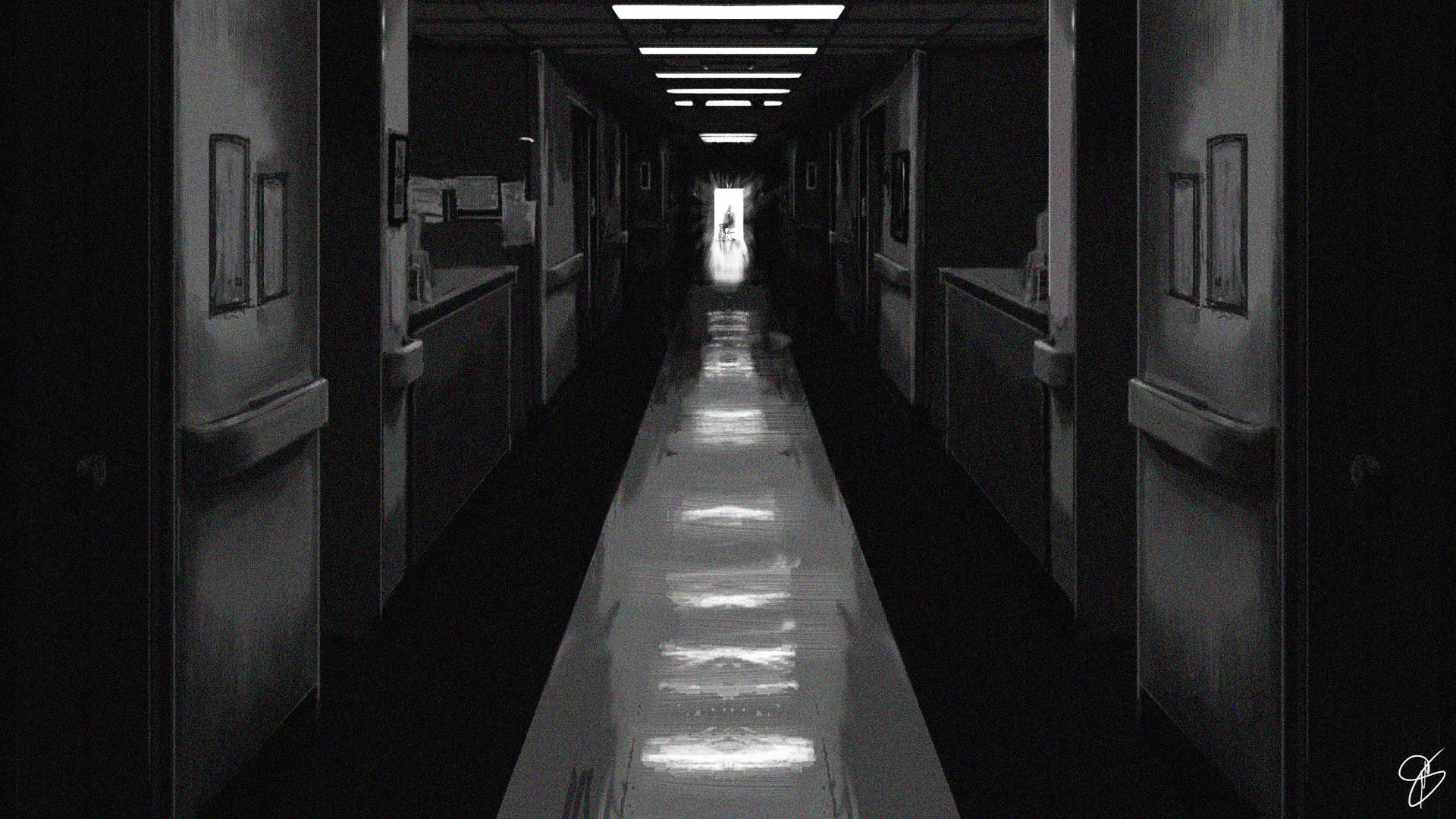 Black And White Hospital Hallway Wallpaper
