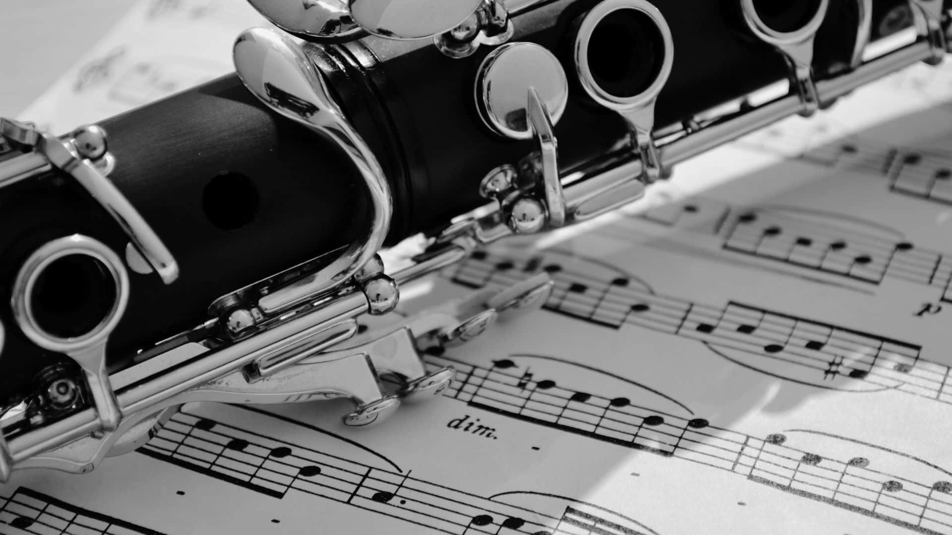 Caption: A visually striking black and white image of music notes and a treble clef sign flowing atop a piano keyboard. Wallpaper
