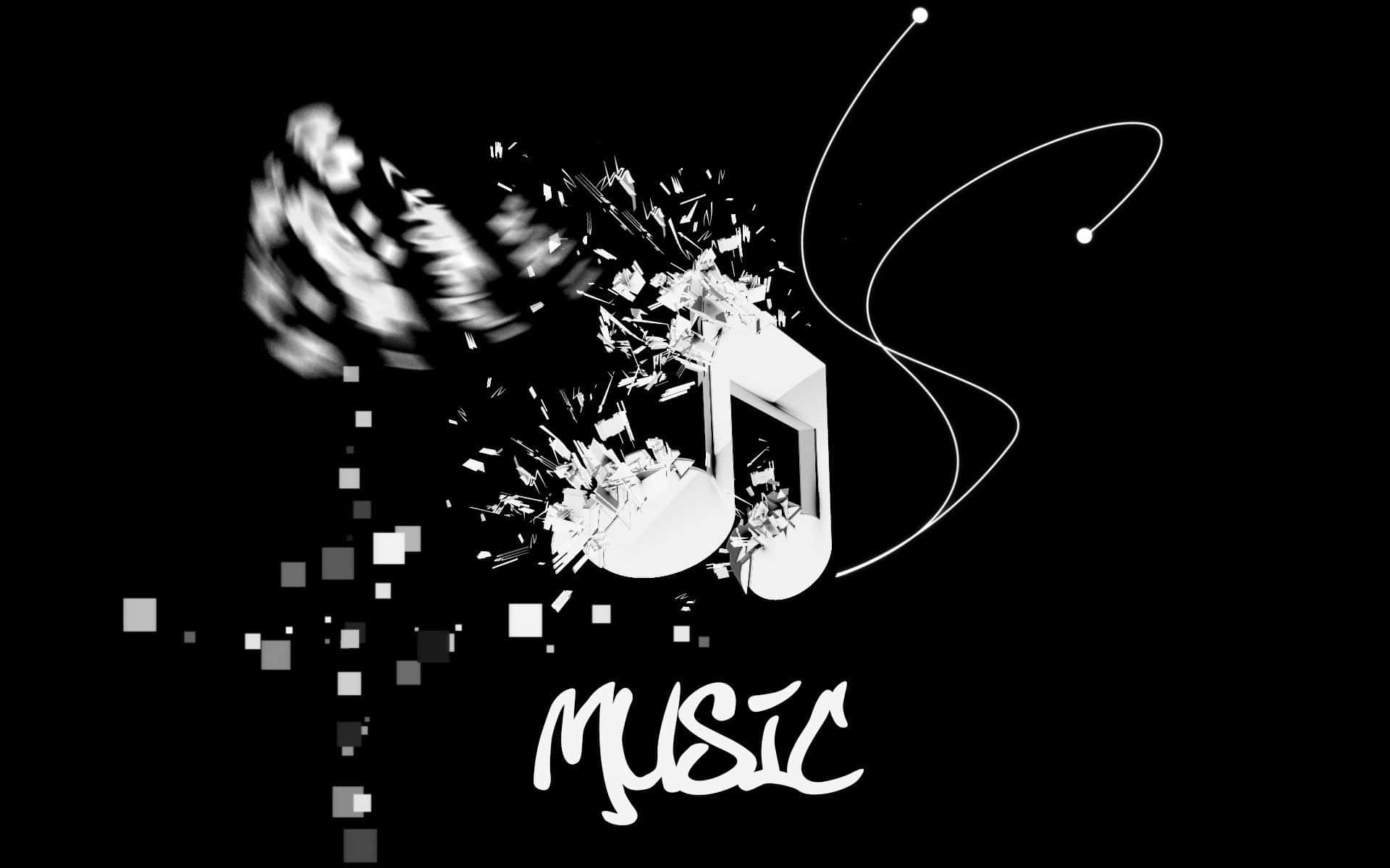 A black and white piano keyboard with musical notes swirling around it. Wallpaper