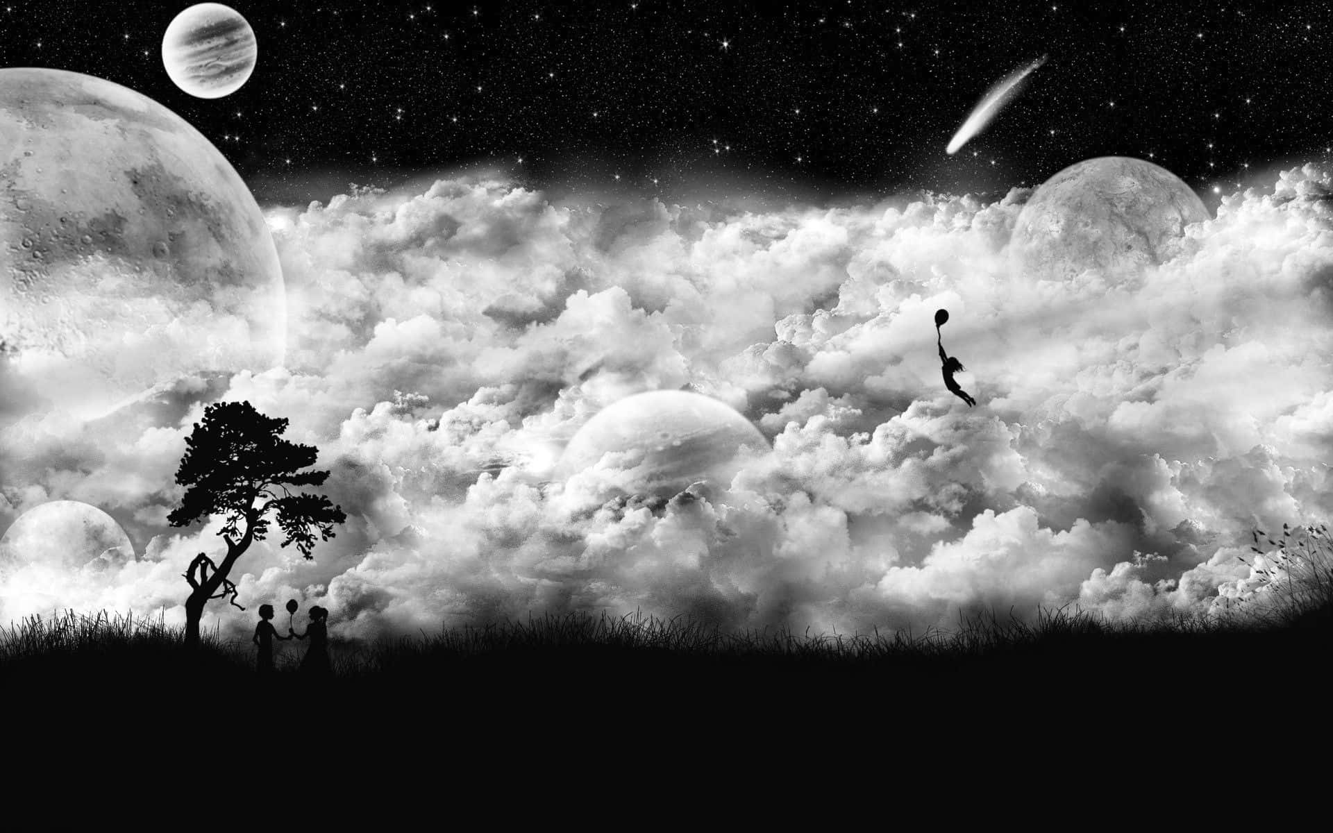 Black And White Image Of A Sky With Clouds And Planets Wallpaper