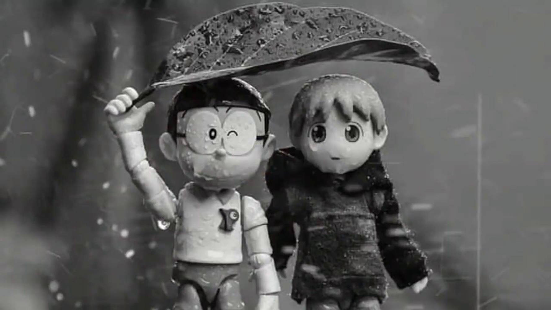Black And White Rain Nobita Shizuka Wallpaper