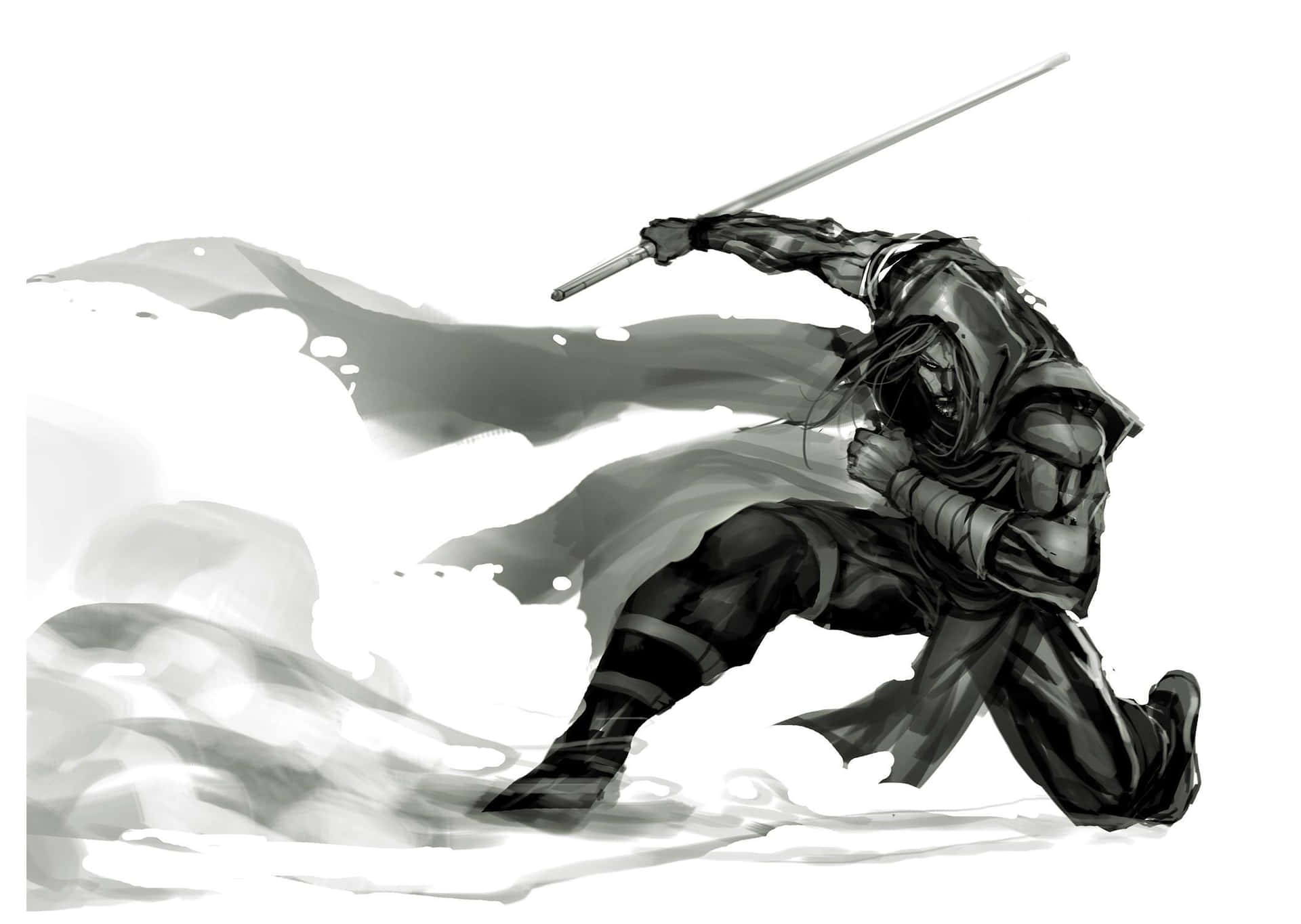 Two fearsome samurai warriors engaged in a black and white duel Wallpaper