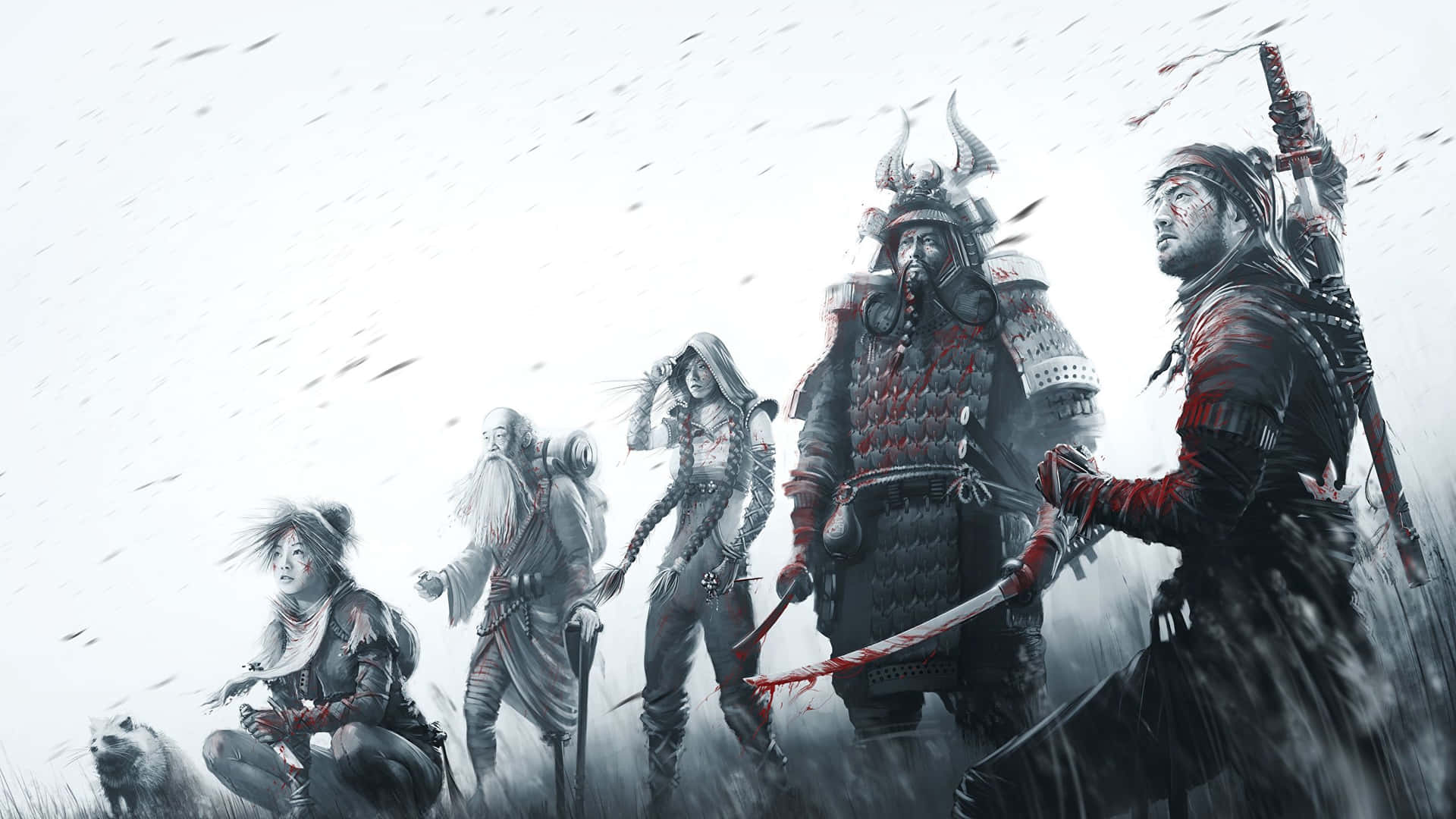 Bold Black and White Samurai in Battle Stance Wallpaper