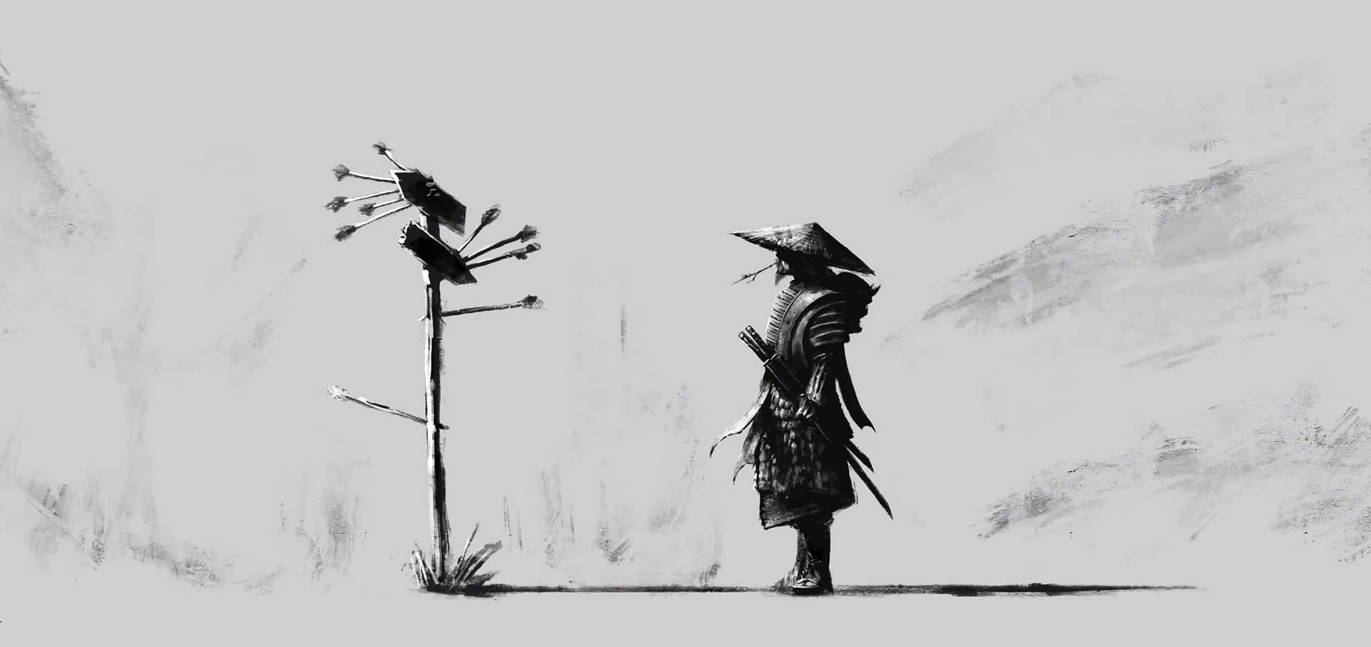 The Prowess of a Samurai in Black and White Wallpaper