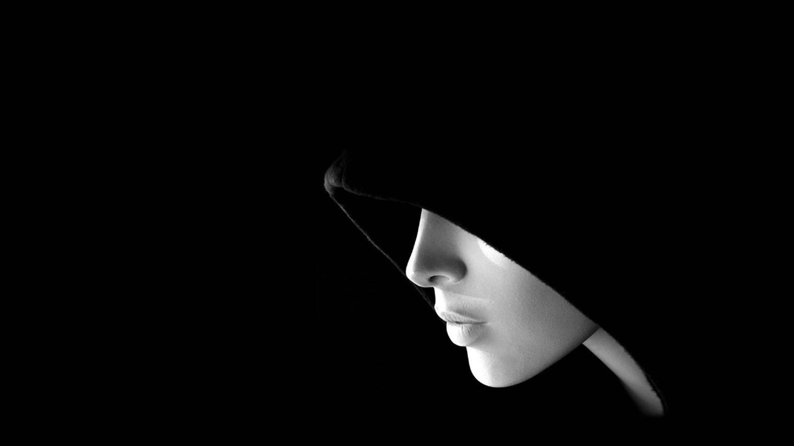 Scary hoody girl in black and white desktop wallpaper.