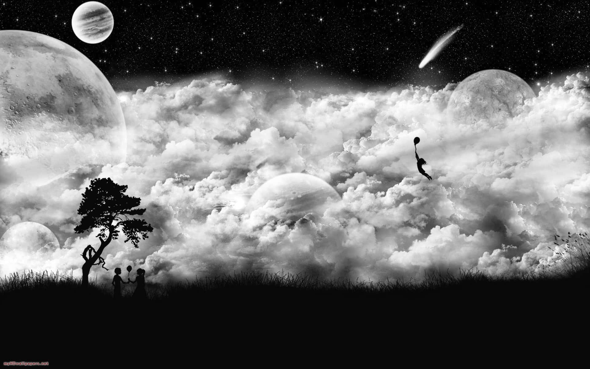 En sort og hvid billed af et himmel med skyer og planeter Wallpaper
