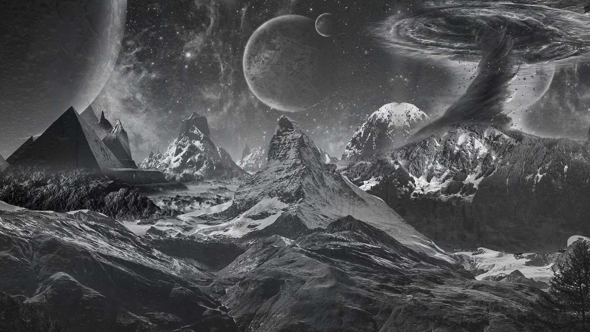 A celestial playground of stars, galaxies and nebulae in black and white Wallpaper