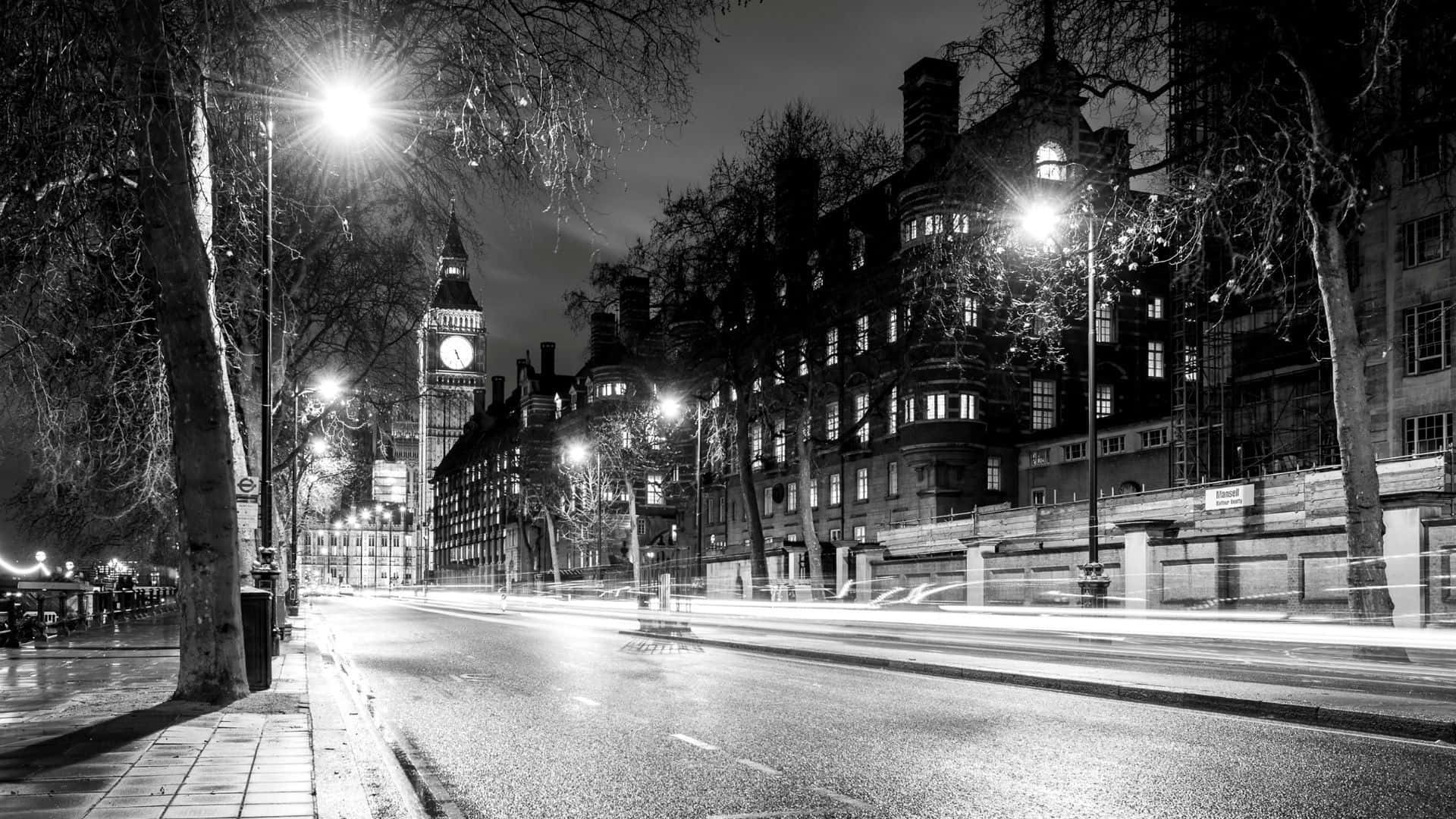 Monochrome Cityscape: A Timeless Street Perspective Wallpaper