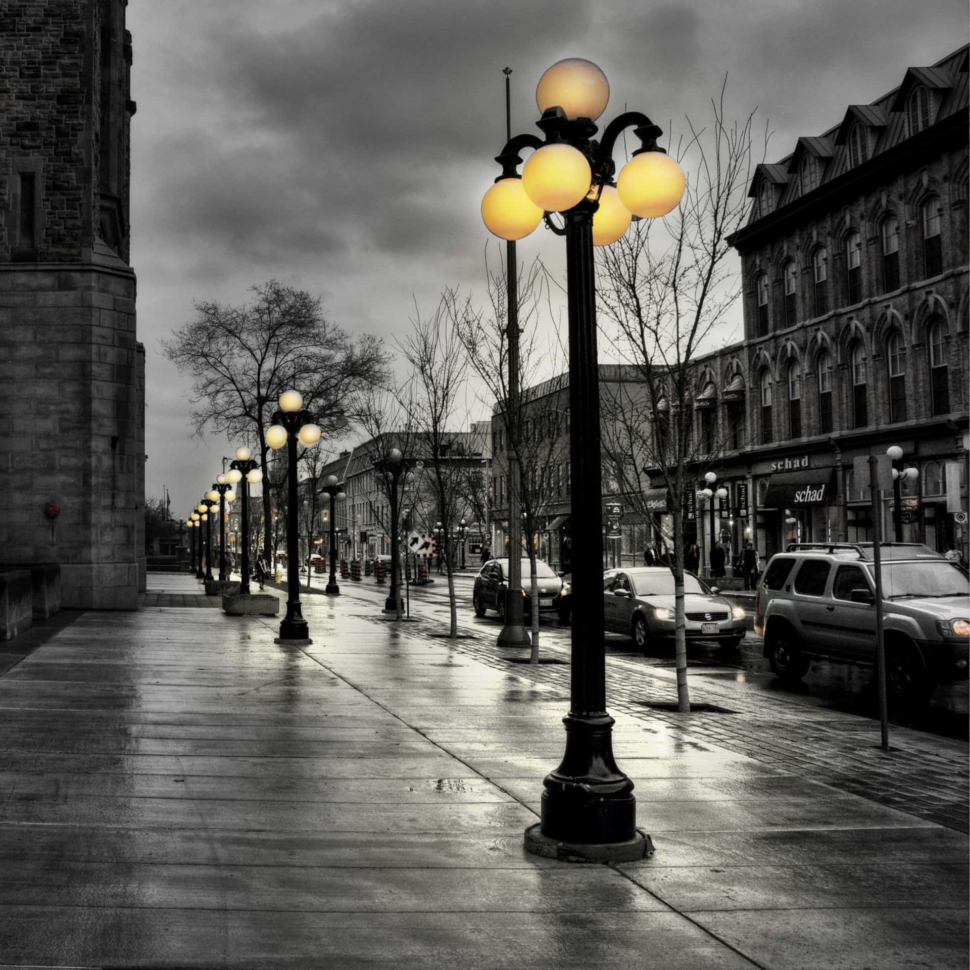 Monochrome View of a Bustling Urban Street Wallpaper