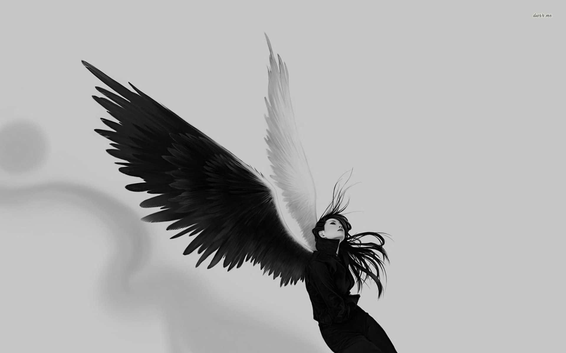 A Black And White Image Of A Girl With Wings