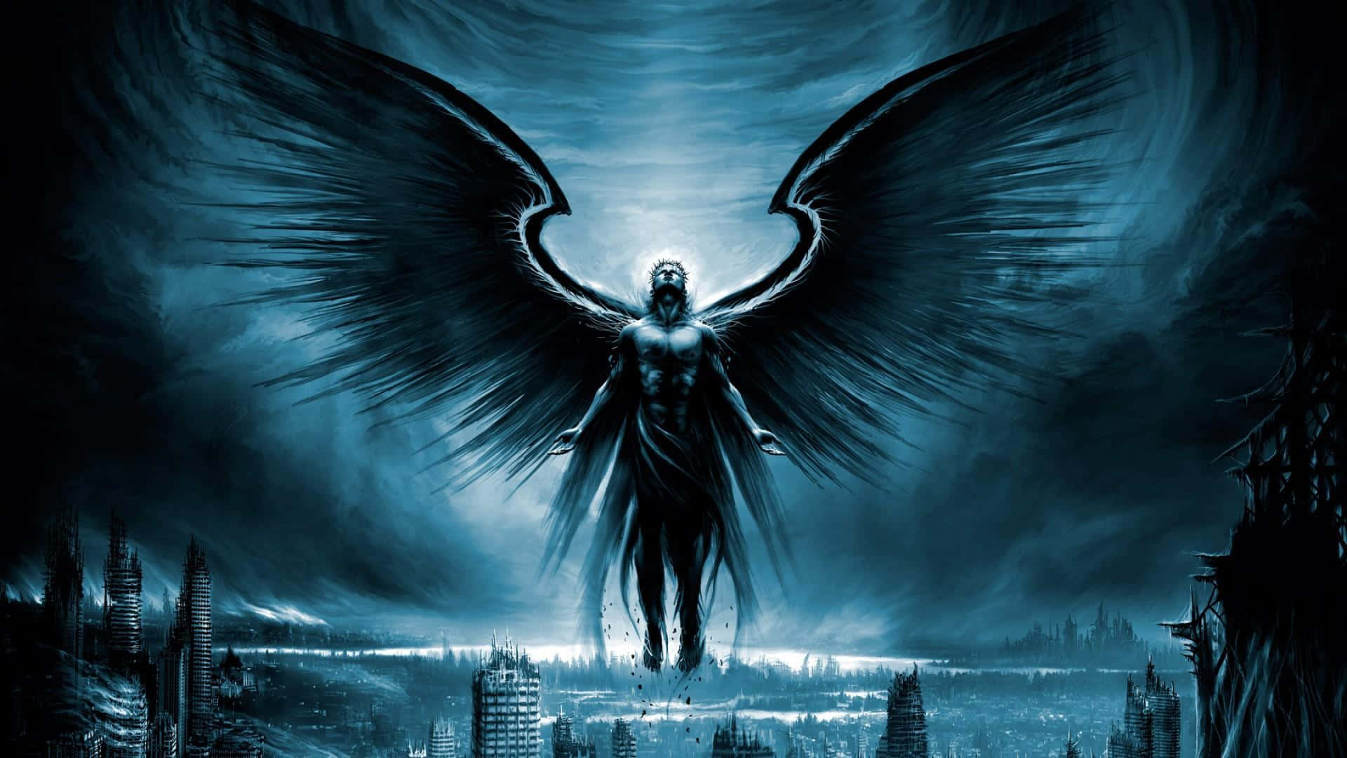 A Dark Angel With Wings Flying Over A City