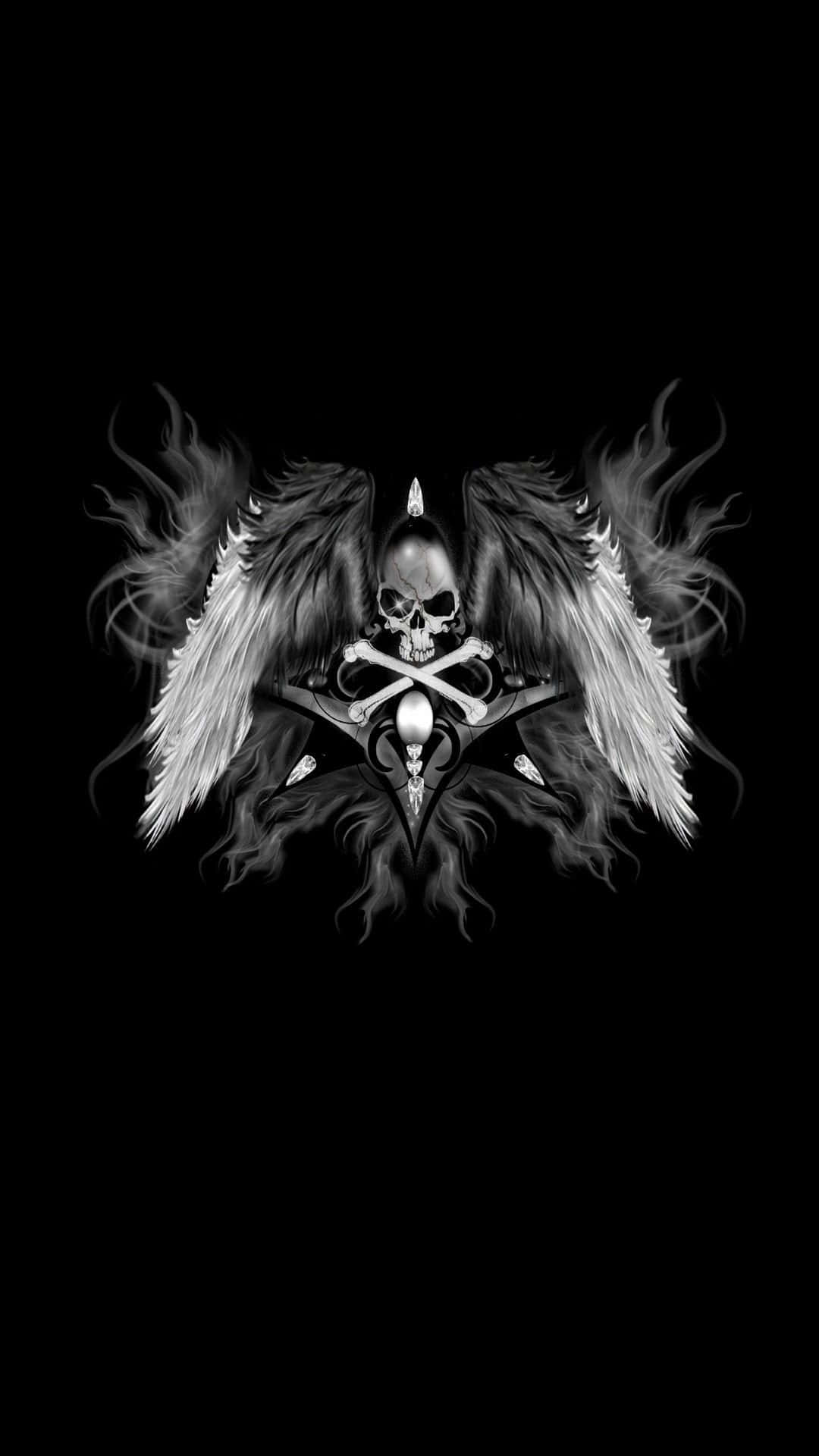 A Skull And Wings On A Black Background