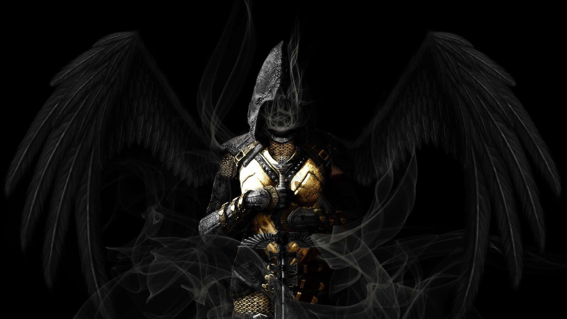 A Black Angel With Wings Standing In The Smoke