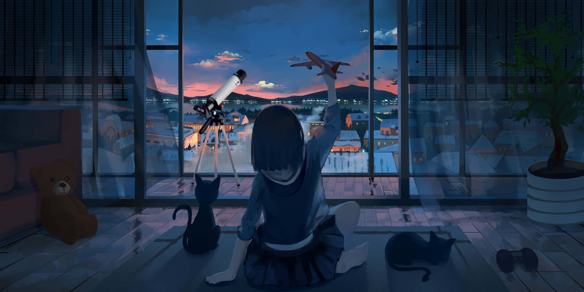 En pige sidder på gulvet og kigger på et fly, der flyver over byen. Wallpaper