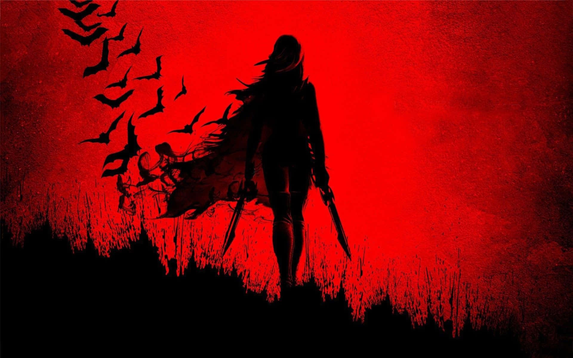 En silhouette af en kvinde med et sværd og flagermus flyver rundt omkring hende. Wallpaper