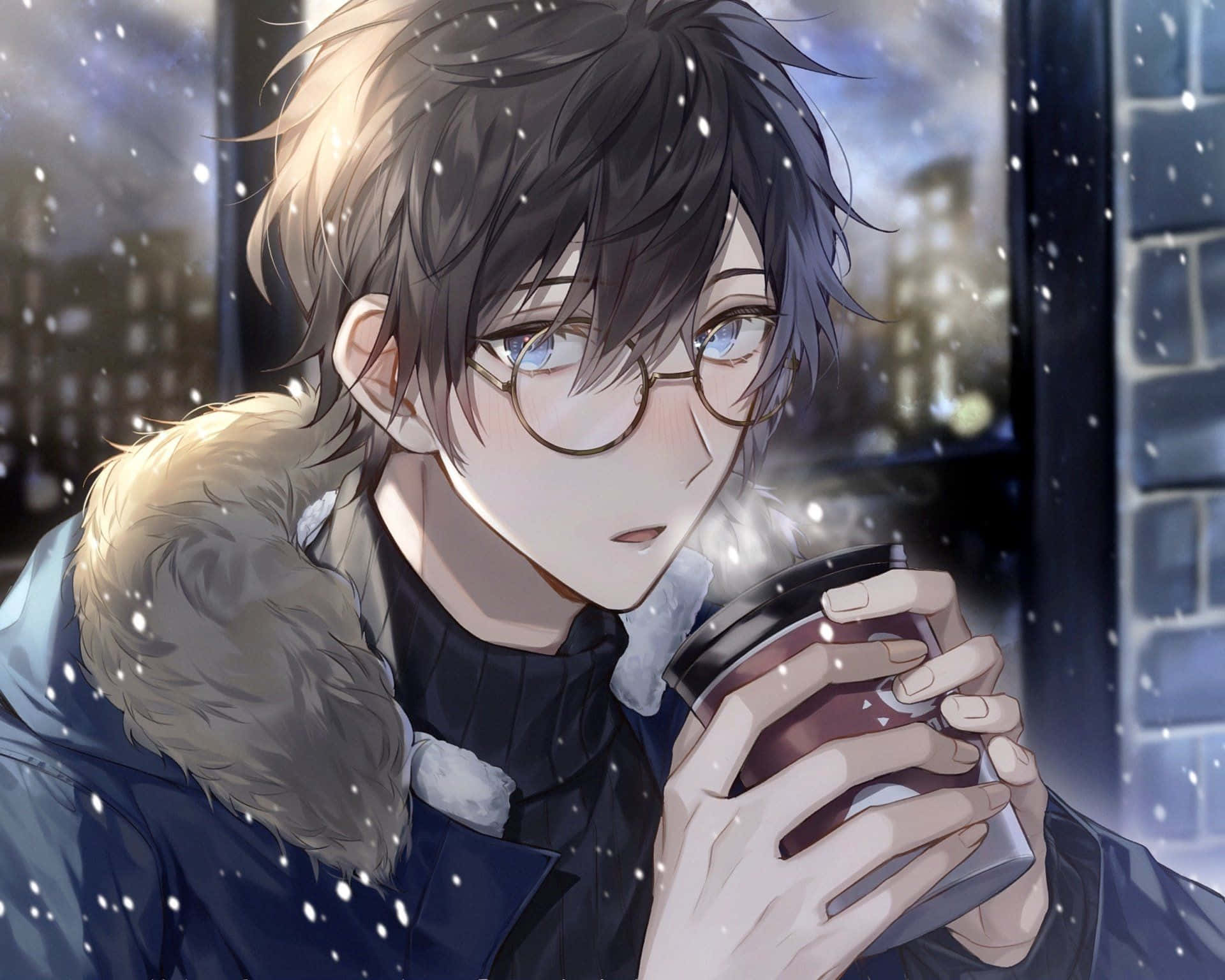 En dreng med briller drikker kaffe i sneen Wallpaper