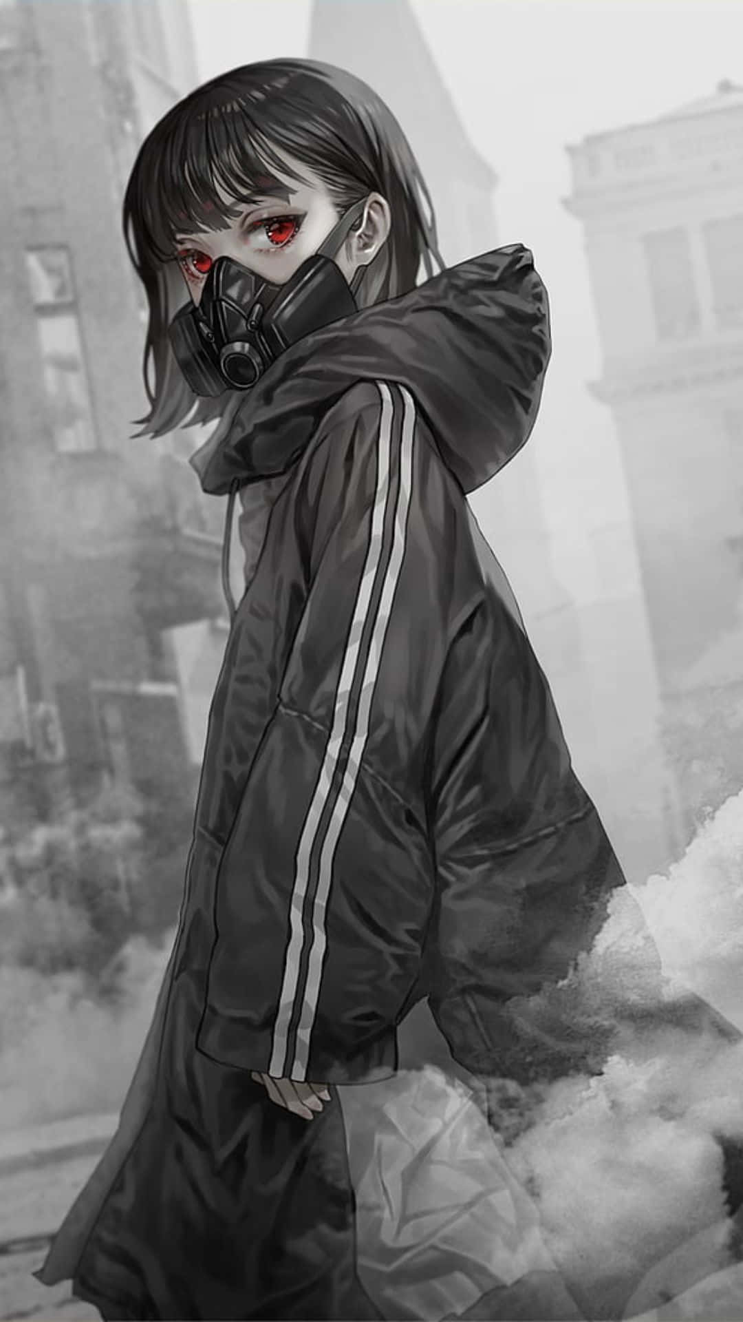 A Girl In A Black Coat With A Mask On Her Face