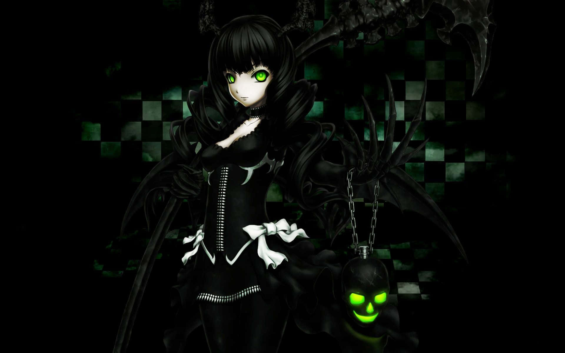 A Girl In Black And Green With A Skeleton