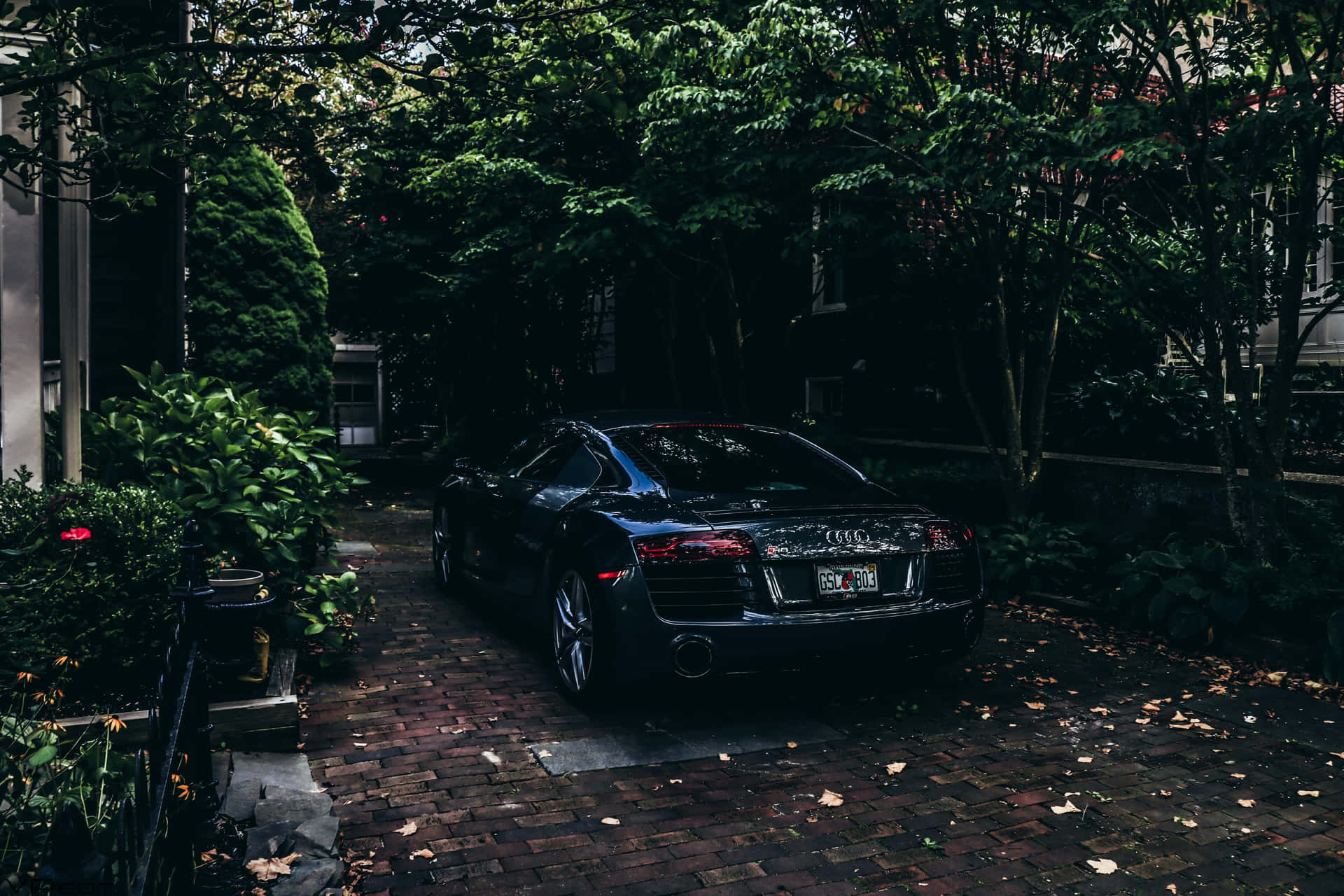 Black Audi R8 Luxury Car Parked Residential Area Wallpaper