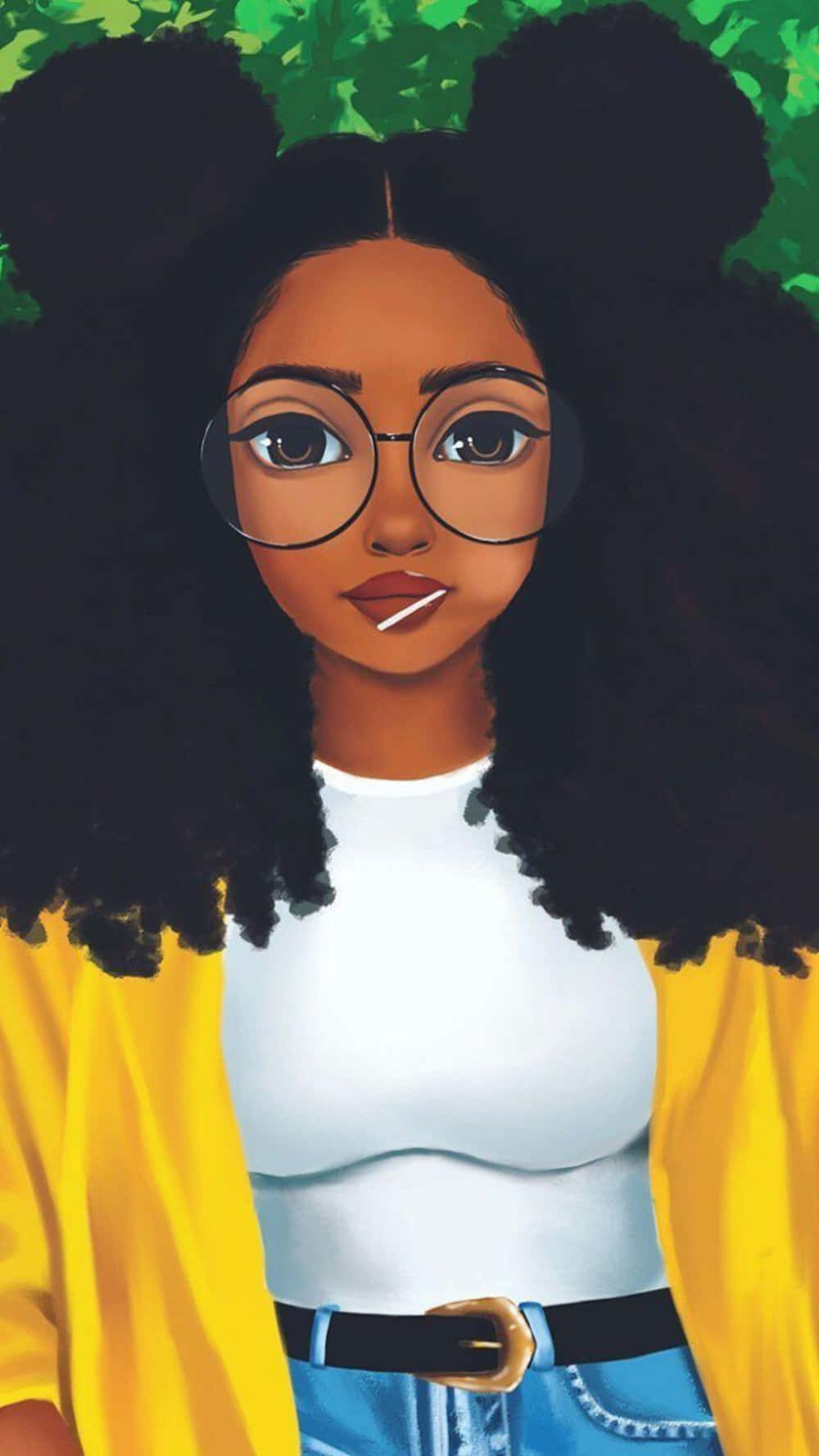En sort pige med briller og en gul jakke. Wallpaper