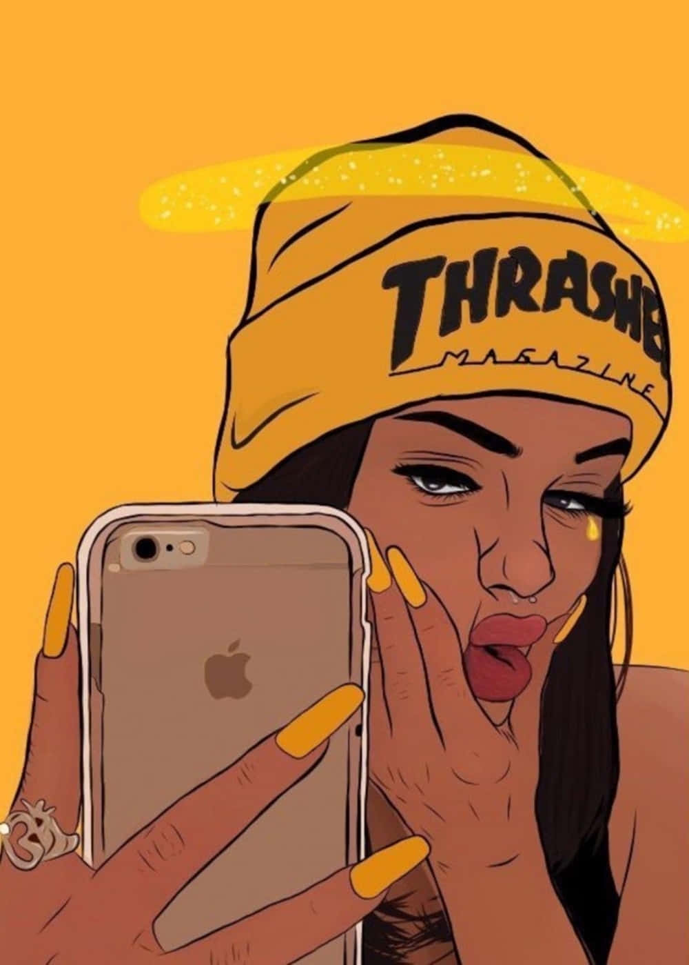 A Girl Holding A Yellow Hat And Taking A Picture With Her Phone Wallpaper