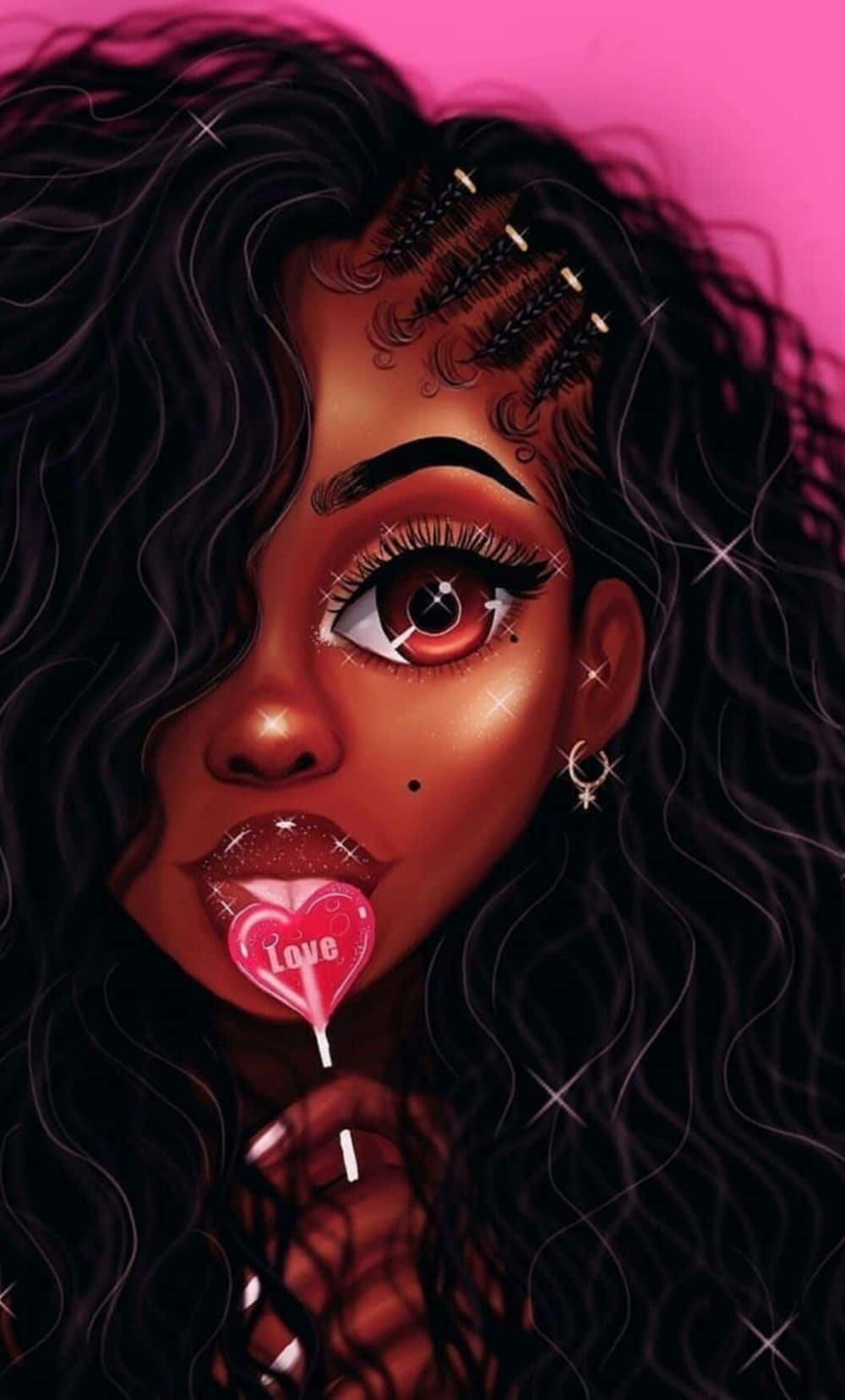 En sort pige med langt hår og en lollipop Wallpaper