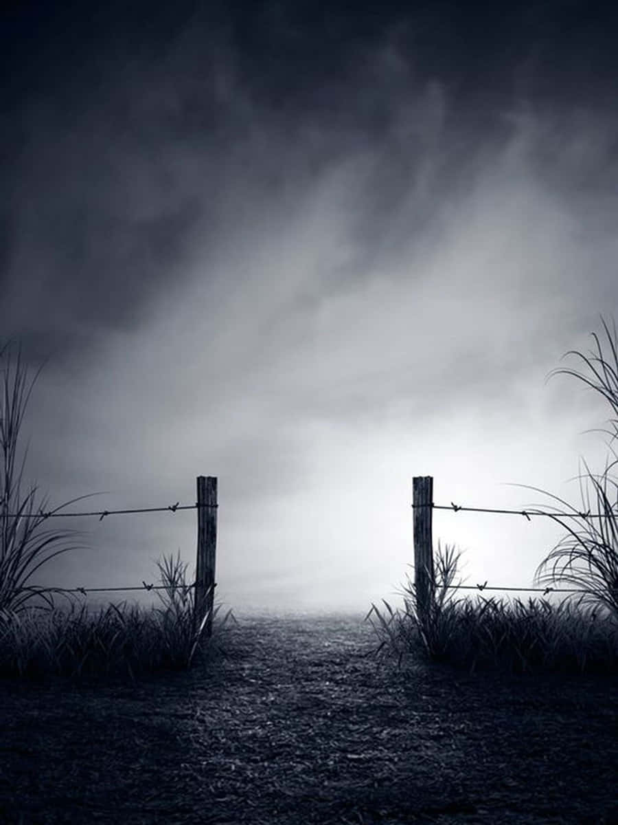 A Black And White Image Of A Fence And Grass