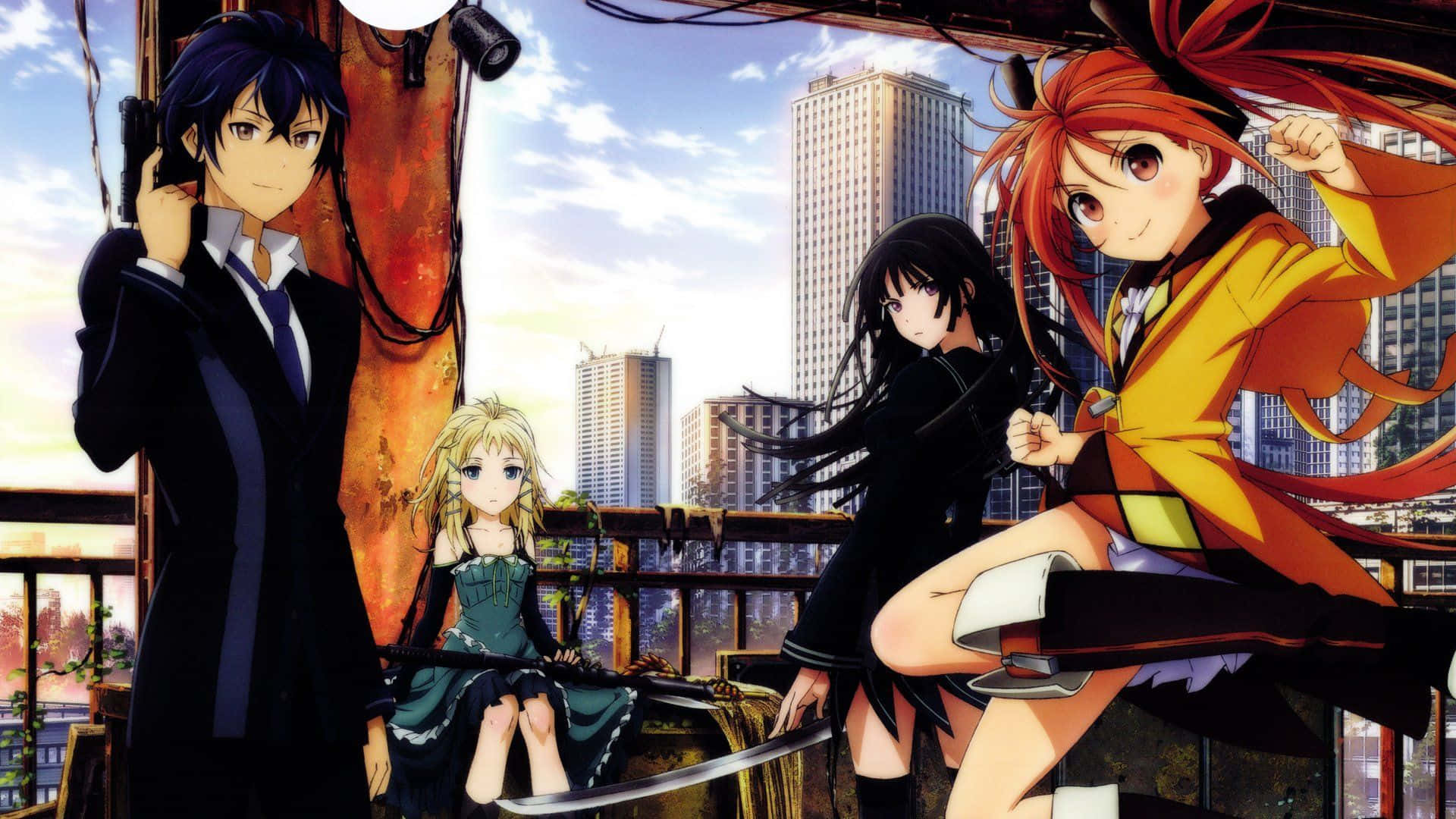 A Group Of Anime Characters Standing On A Balcony
