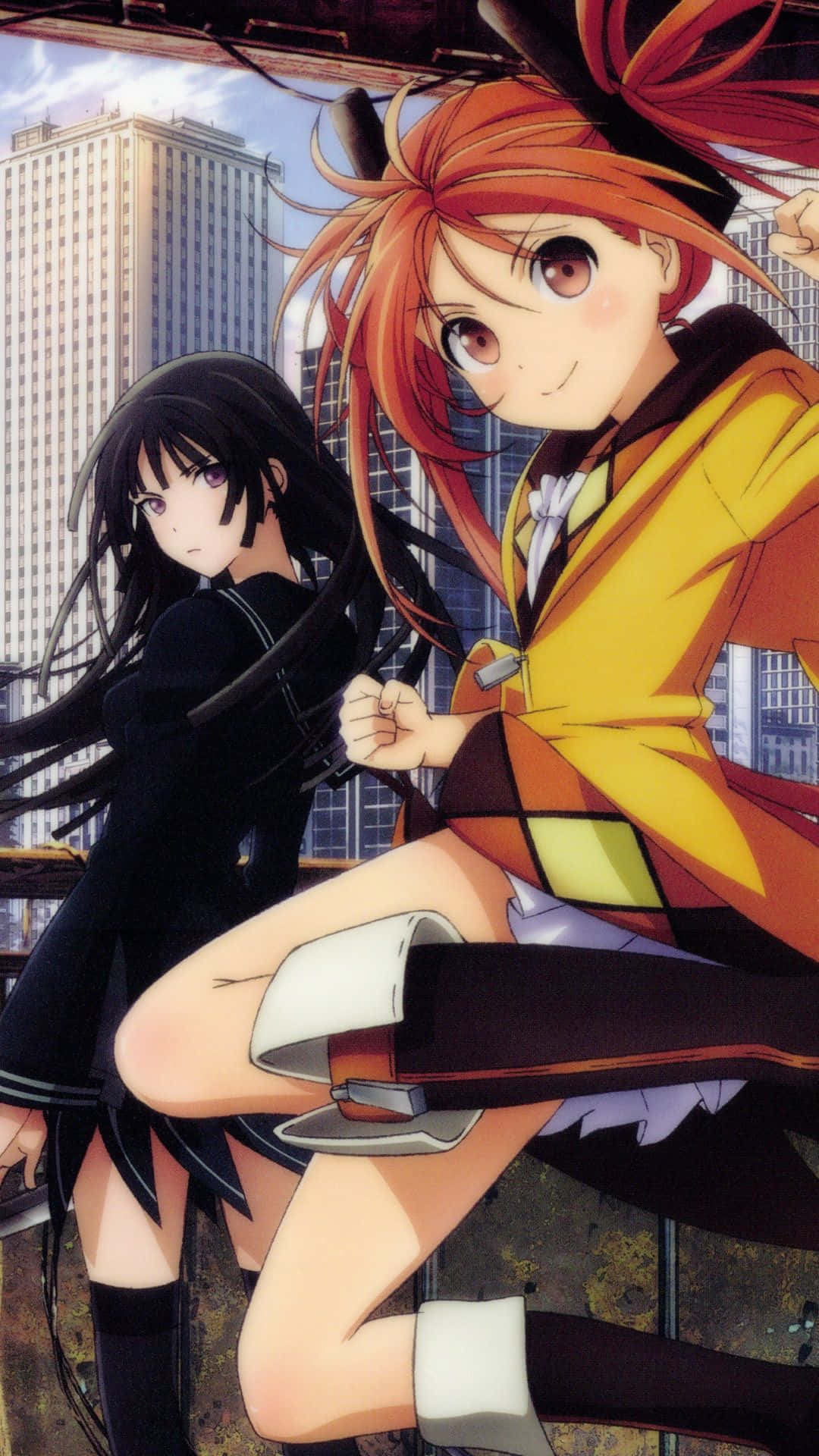 Two Anime Girls In Black And Yellow Standing On A Balcony