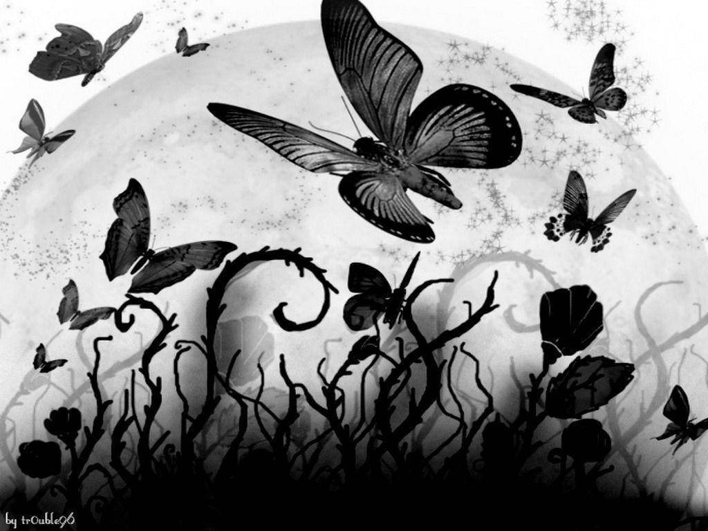 Black Butterfly Flying Over Abstract Plants Wallpaper