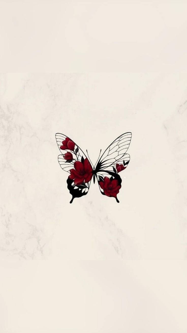 Black Butterfly With Red Flowers Wallpaper