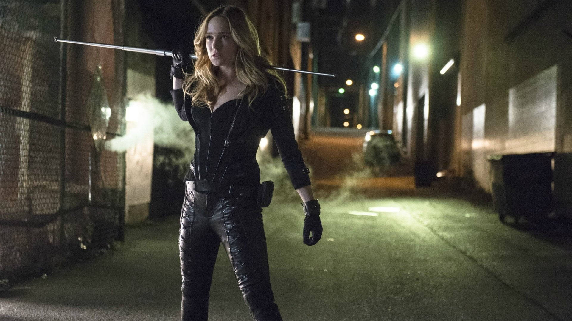 Black Canary Exhibiting Combat Skills with Silver Pole Wallpaper
