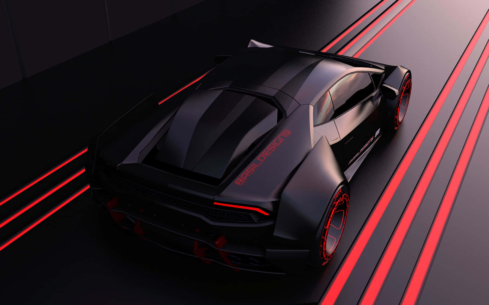 Et futuristisk bil kører ned ad en vej med røde lys Wallpaper