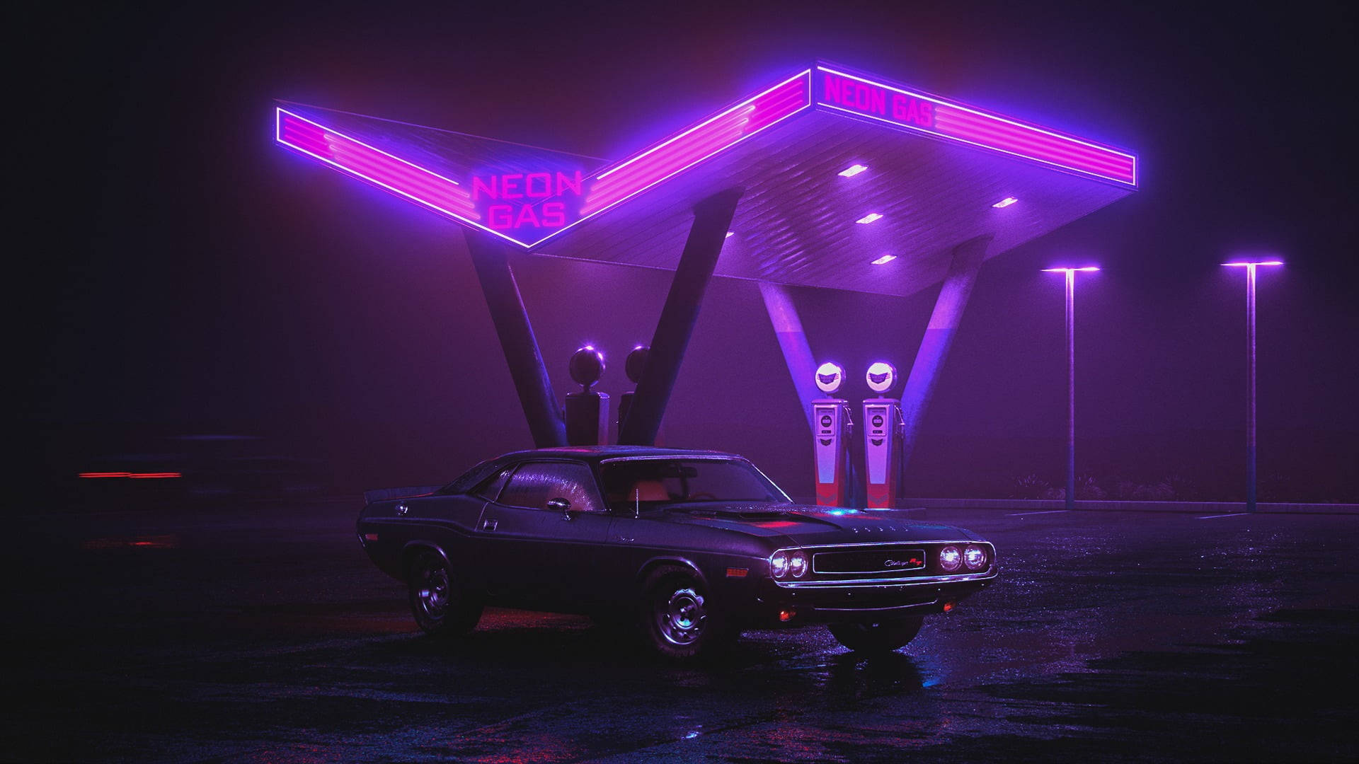Black Car Hd Neon Purple Gas Station Wallpaper