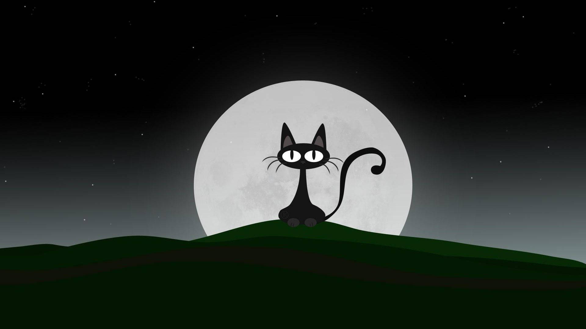 Black Cartoon Cat With Moon Wallpaper