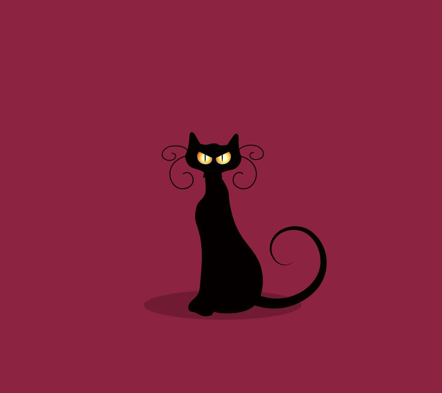 A Black Cat With Yellow Eyes On A Maroon Background