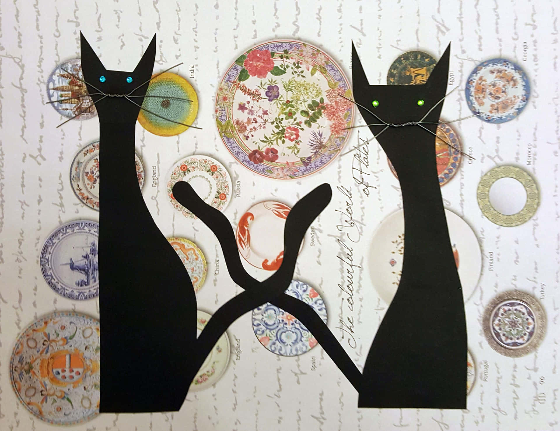 Two Black Cats Standing On Plates