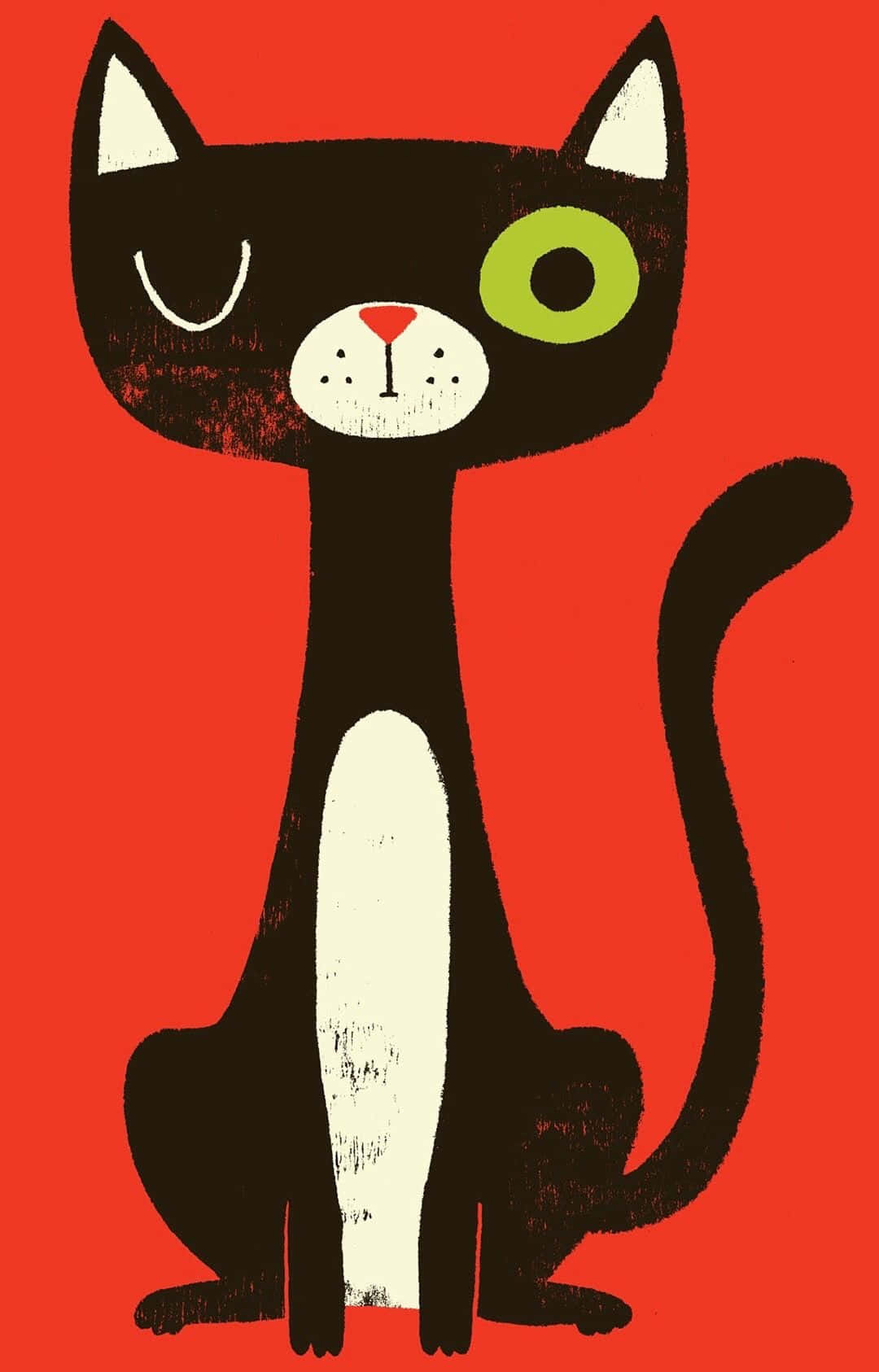 A Black Cat With Green Eyes Sitting On A Red Background