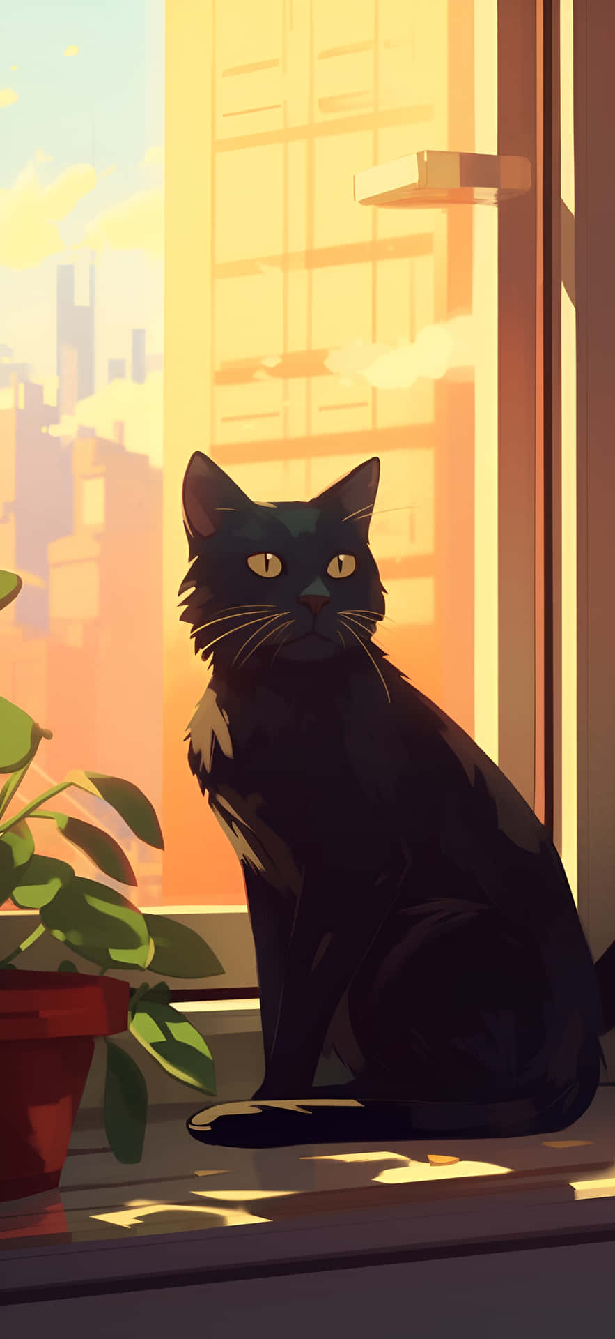 Black Cat Sunlit Window Aesthetic Wallpaper